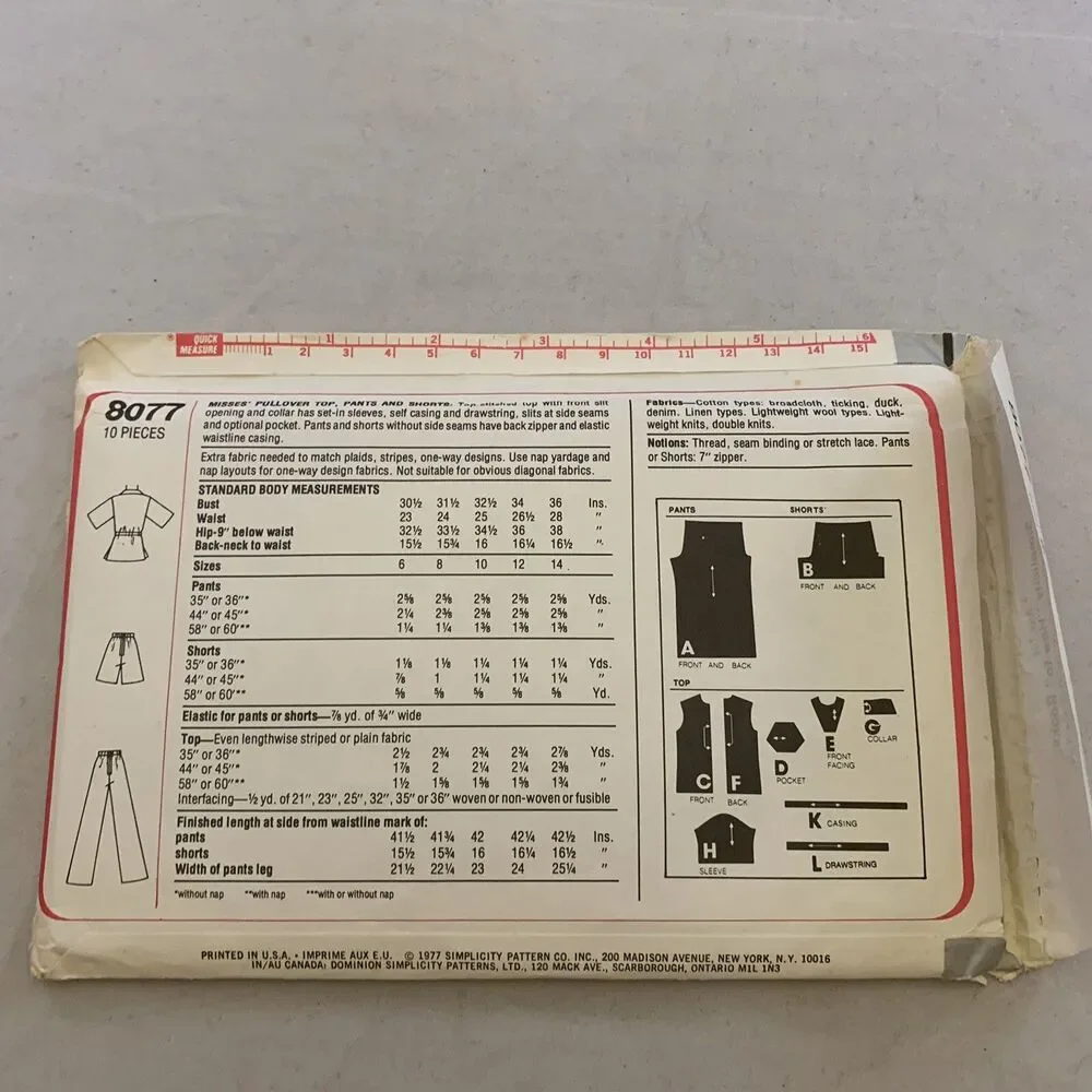 Simplicity Vintage 8077 Sewing Pattern Misses Pullover Top Pants Shorts Size 10